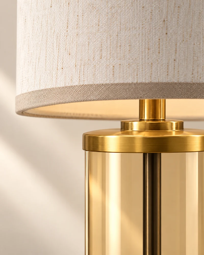 Linen shade above a brushed metal base