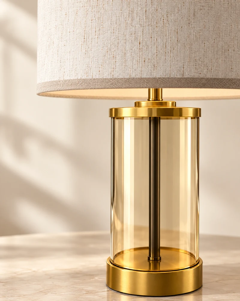 Glass cylinder base with metal collars under a linen shade