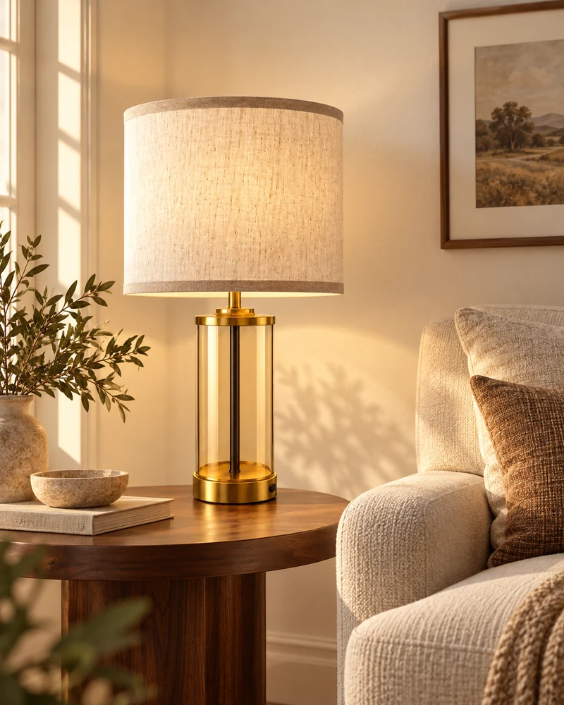 Table lamp on a side table, with the room around it in view