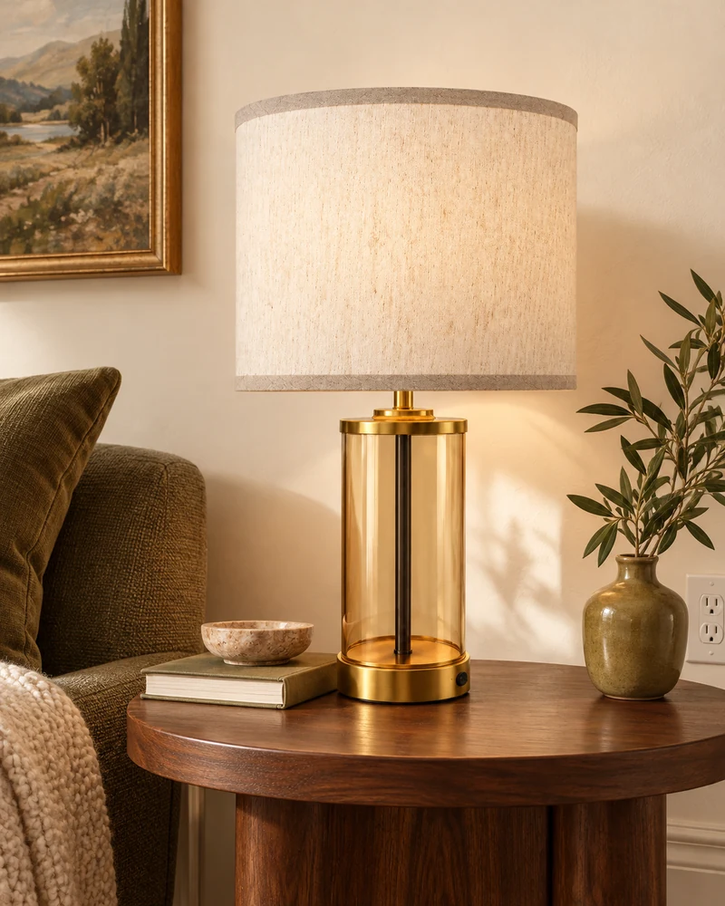 Plug-in table lamp with an in-line cord switch on the table