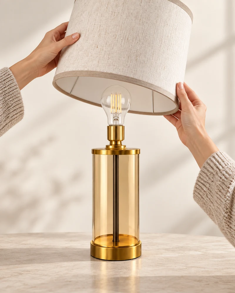 Linen shade lifted off to show the standard socket and replaceable bulb