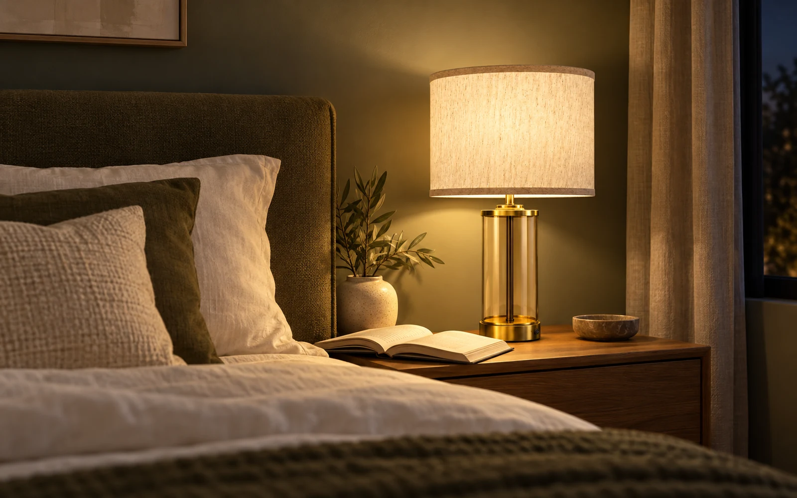 Bedroom corner with a table lamp on the nightstand beside the bed