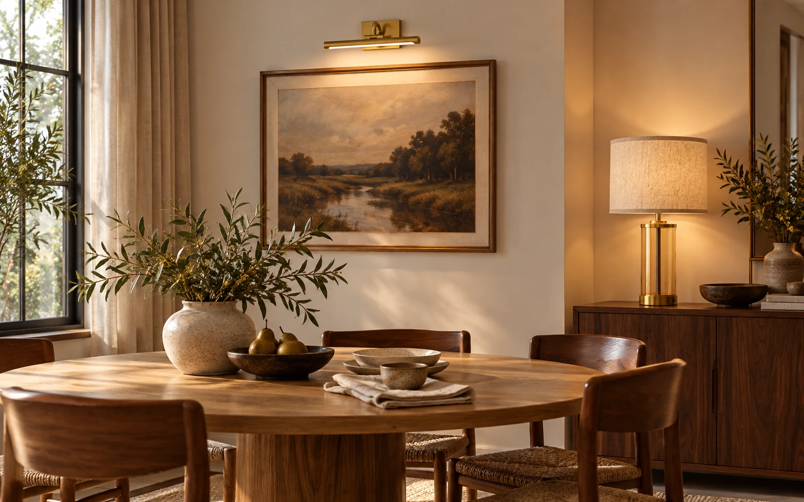 Dining table with a picture light above the artwork and a table lamp on the sideboard