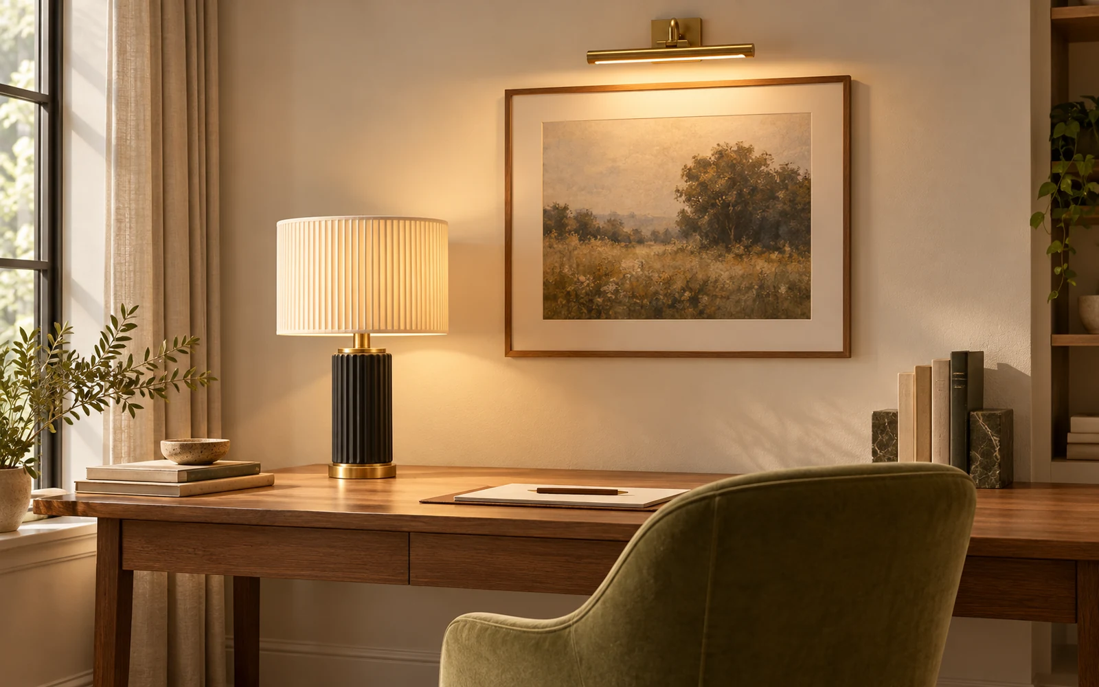 Desk lit by a table lamp with a picture light on the wall behind it