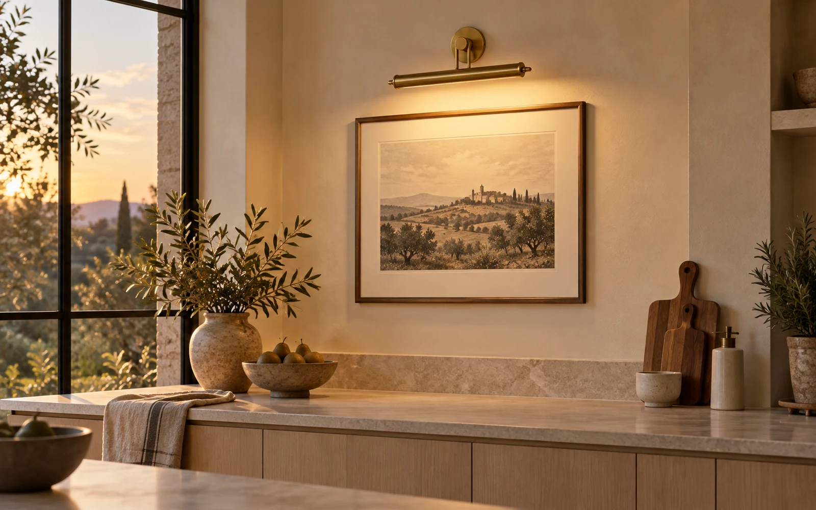 Kitchen wall with a slim picture light above a framed print, counter below