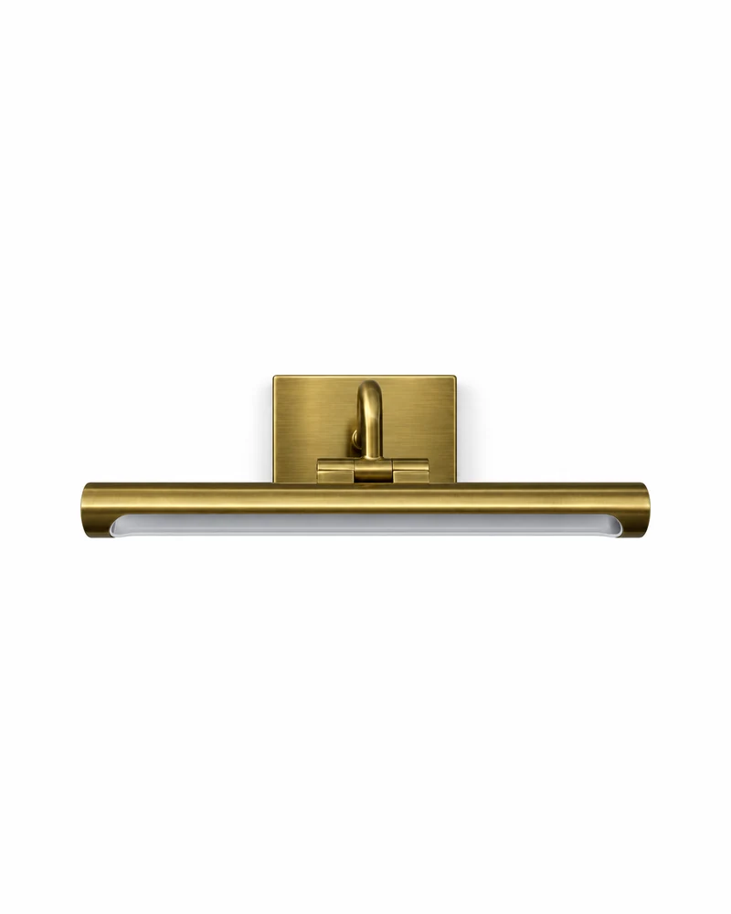 Picture light in an antique brass finish, shown from the front
