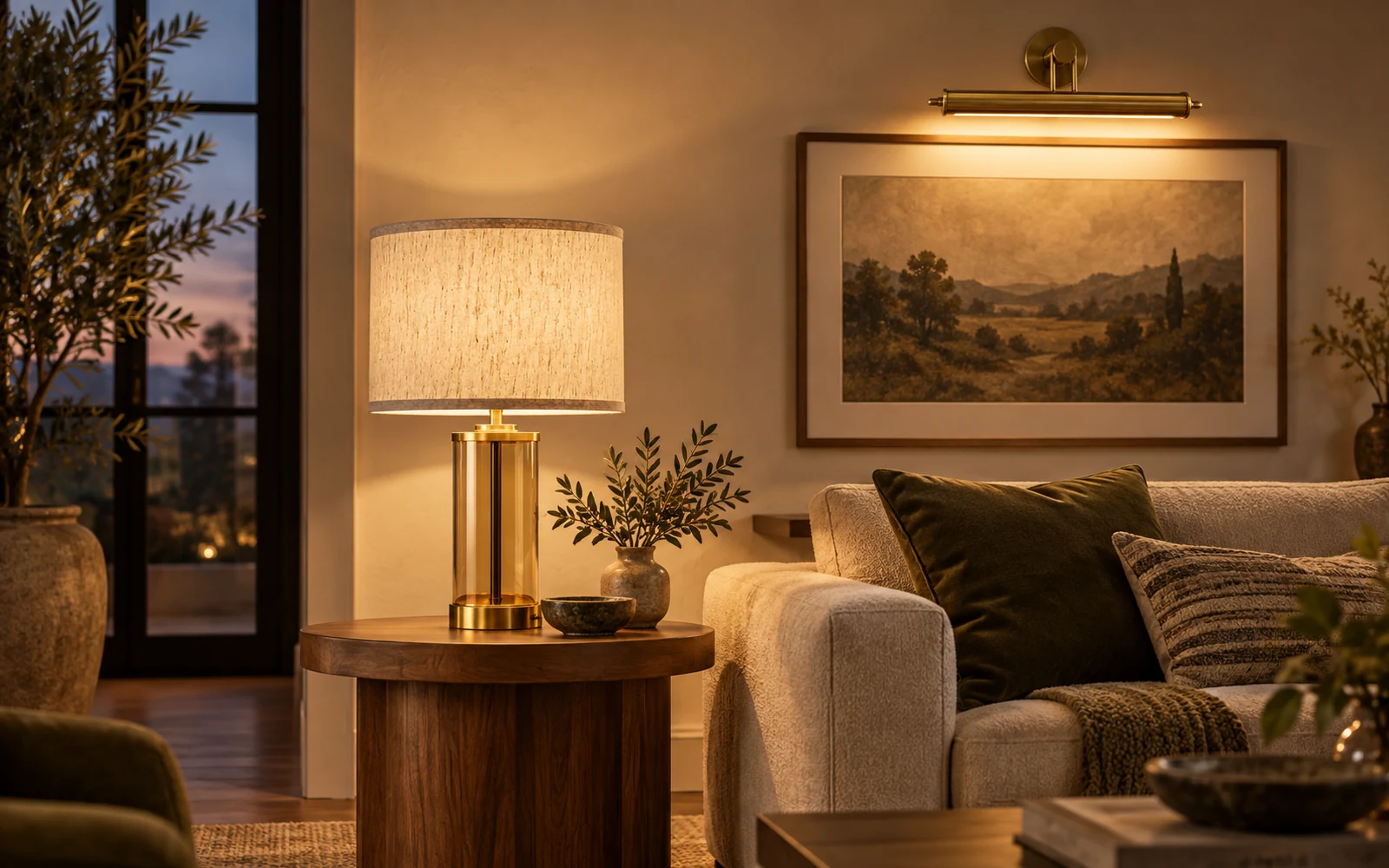 Living room at night lit by a table lamp and a picture light